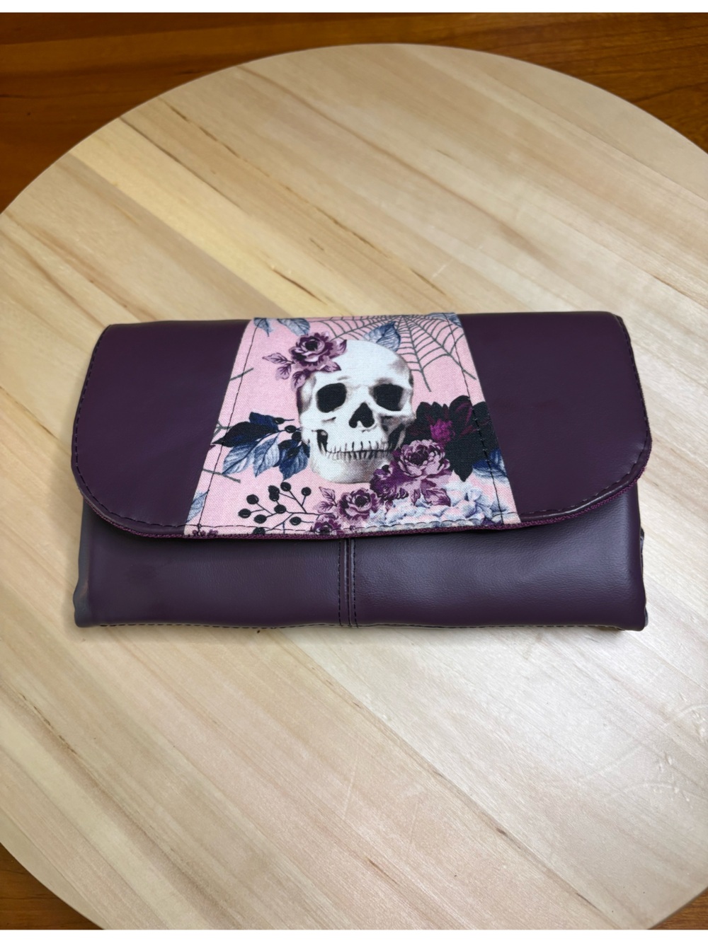 Artlife4me Handmade Purple Skull Floral Wallet Snap Closure Zip Pocket Folding